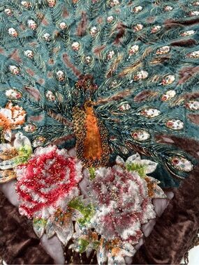 Embroidered Peacock Triangle Shawl in Dark Brown and Green